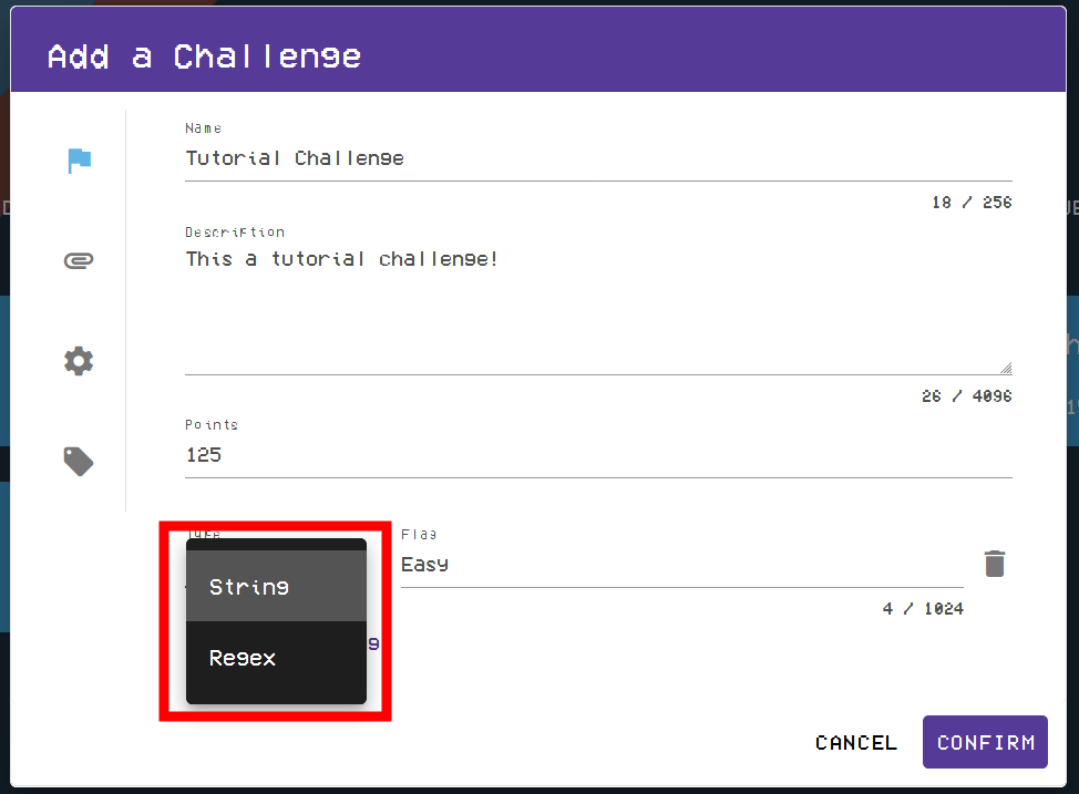 The String or Regex options can be found towards the bottom of the window, to the left of the Flag field.