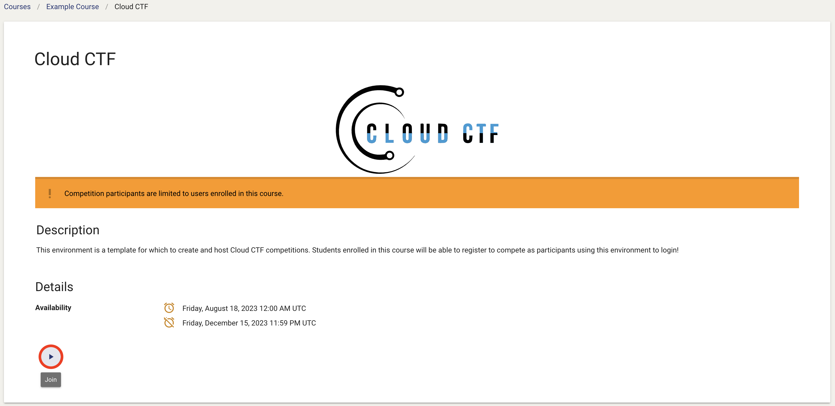 The "join" button is located on the exercise environment page below the Availability section.