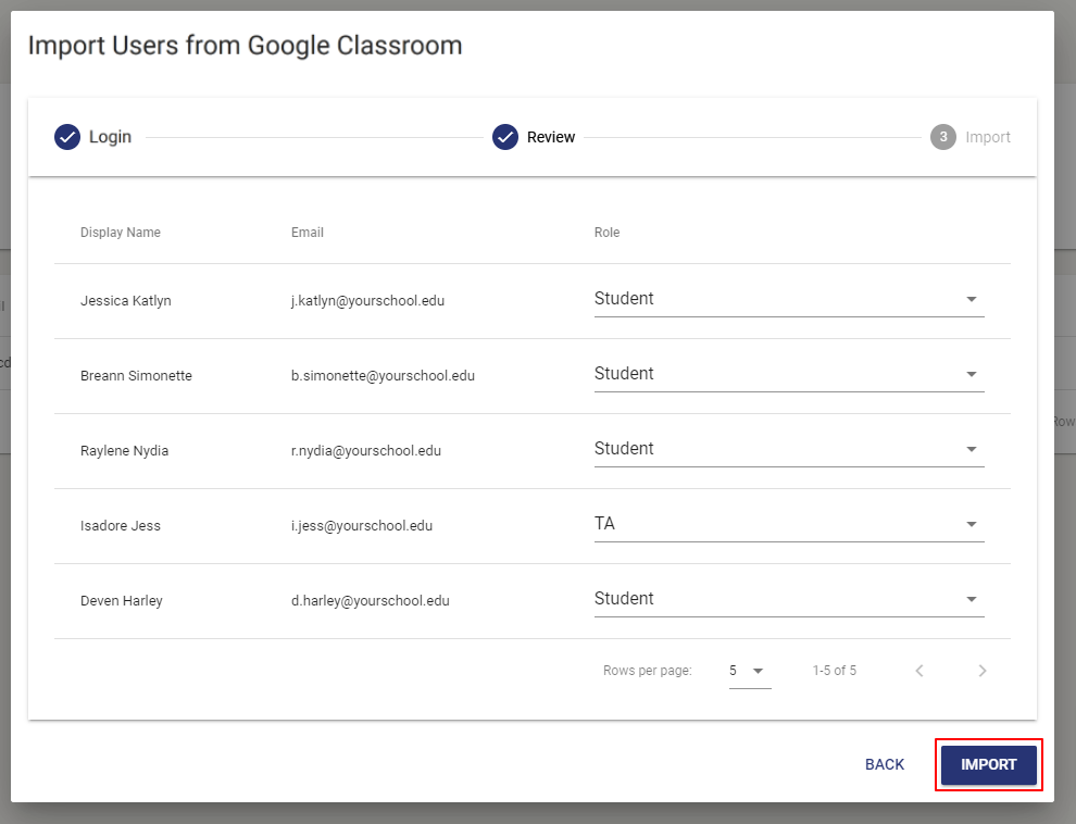 The Review step will show all Display Names, Emails, and Roles of users getting imported. Back and import are in the bottom right.
