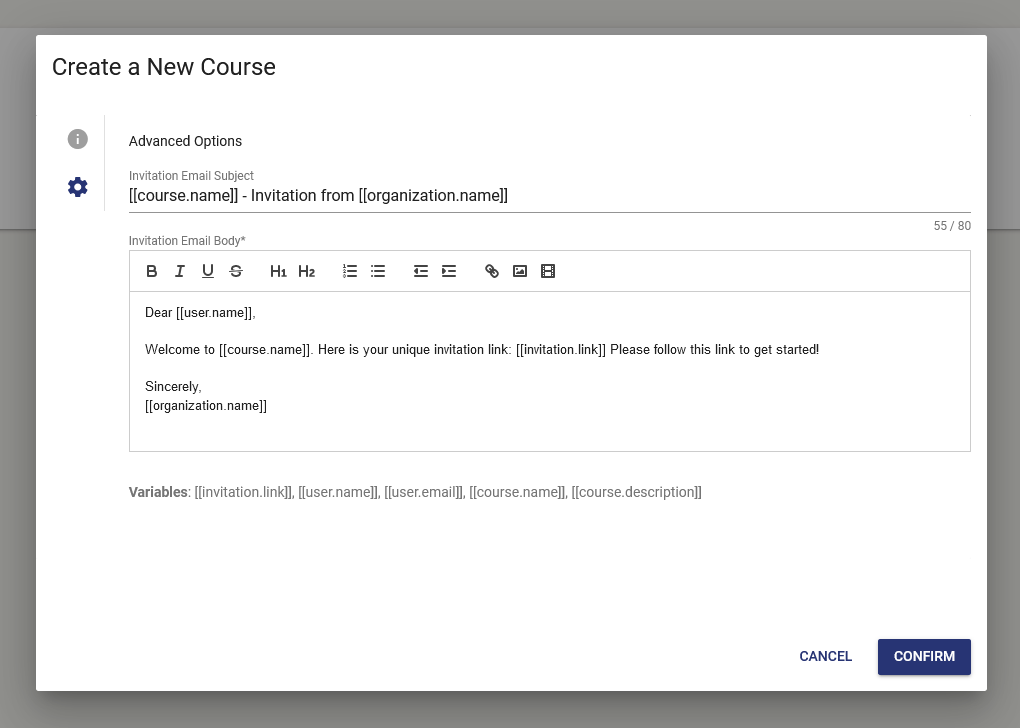 The advanced settings window allows you to customize your course's invitation email as you see fit.