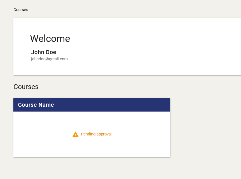 A pending course card displays the course name and its "Pending approval" state.