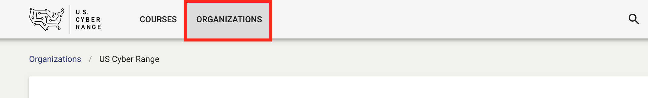 The Organizations tab is located at the top of the page, to the right of the Courses tab.