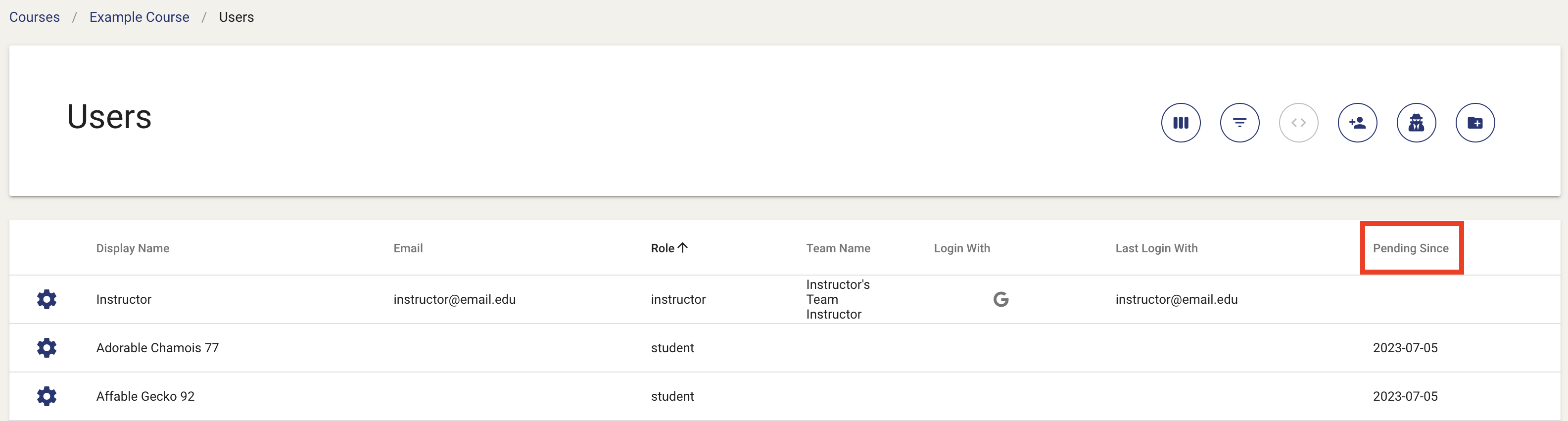 "Last Login With" and "Pending Since" are the last two columns in the Users table.