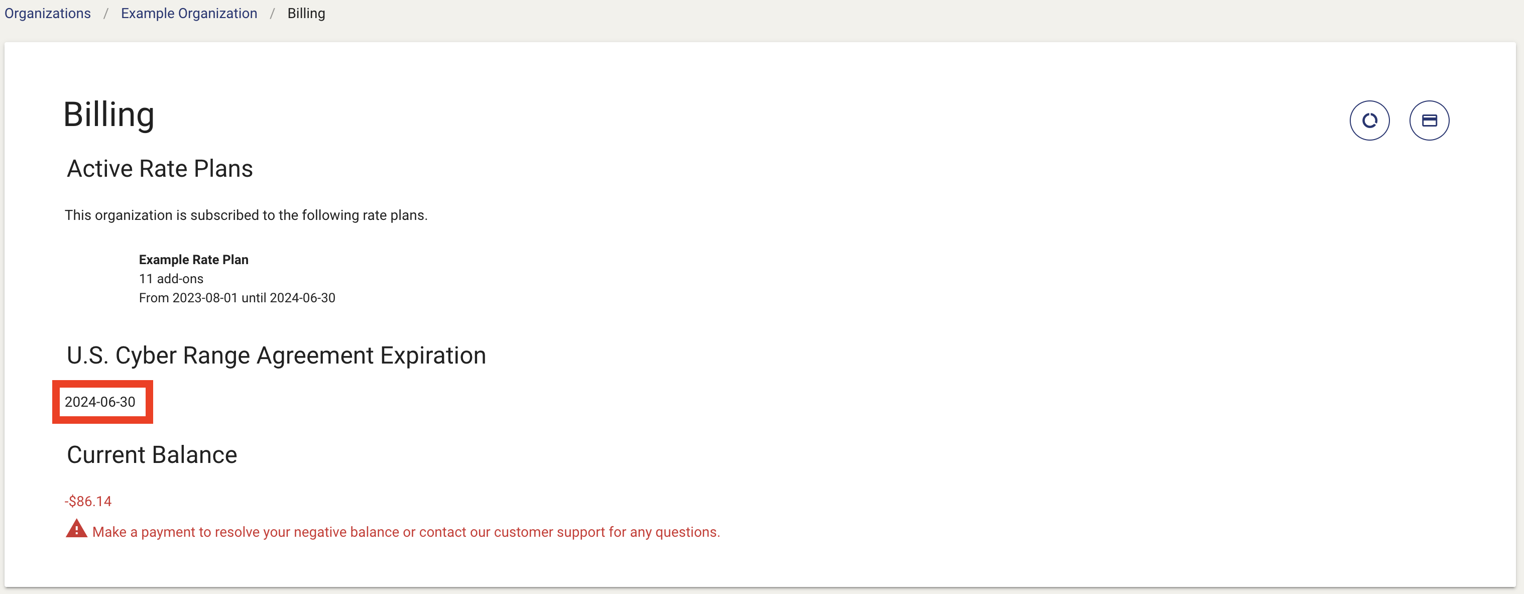 Under the phrase "U.S. Cyber Range Agreement Expiration", you'll find the date when the agreement expires.