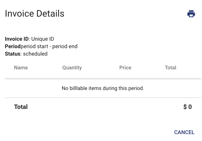 Shows the details of an invoice, such as the invoice ID, period, status, and total billing amount