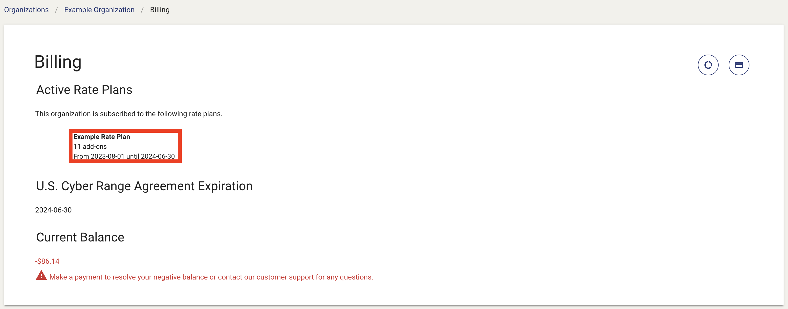 Under the phrase "This organizations is subscribed to the following rate plans", you'll find the name of the plan, the number of add-ons, and when the plan begins and ends.