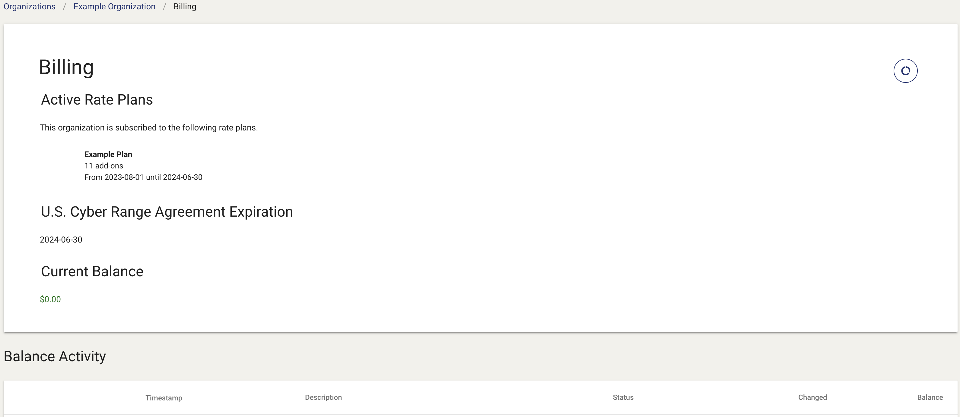 The billing page is displayed showing the organization's plan, agreement, current balance, and balance activity.