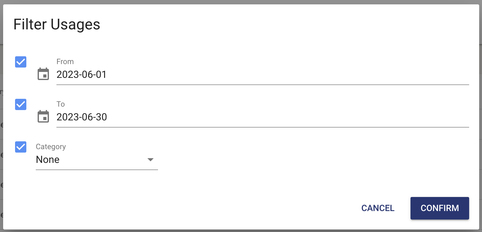 In descending order, the selections "From", "To", and "Category" are available to filter by. The "cancel" and "confirm" buttons are in the bottom right corner of the pop-up window.