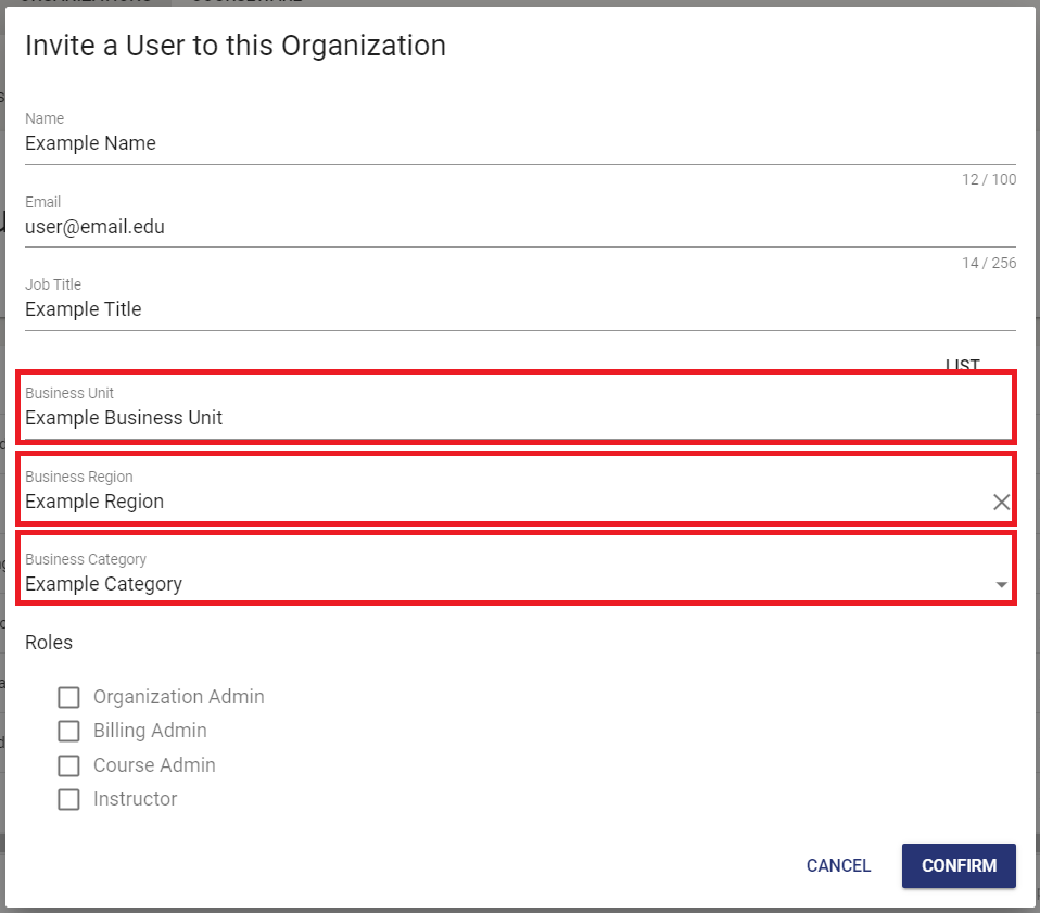 Highlights the business unit name, region, and category input fields