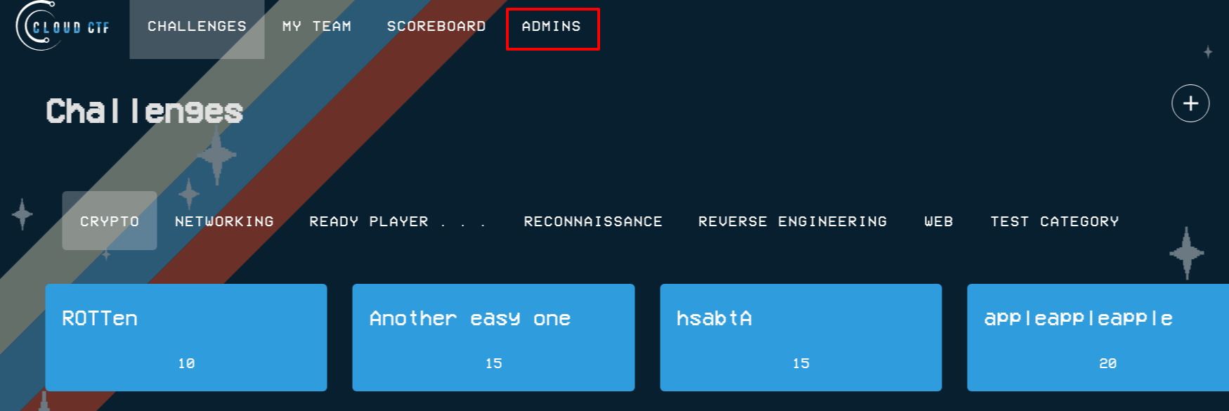 The Admins panel can be found at the top of the screen, as the rightmost of the four choices.