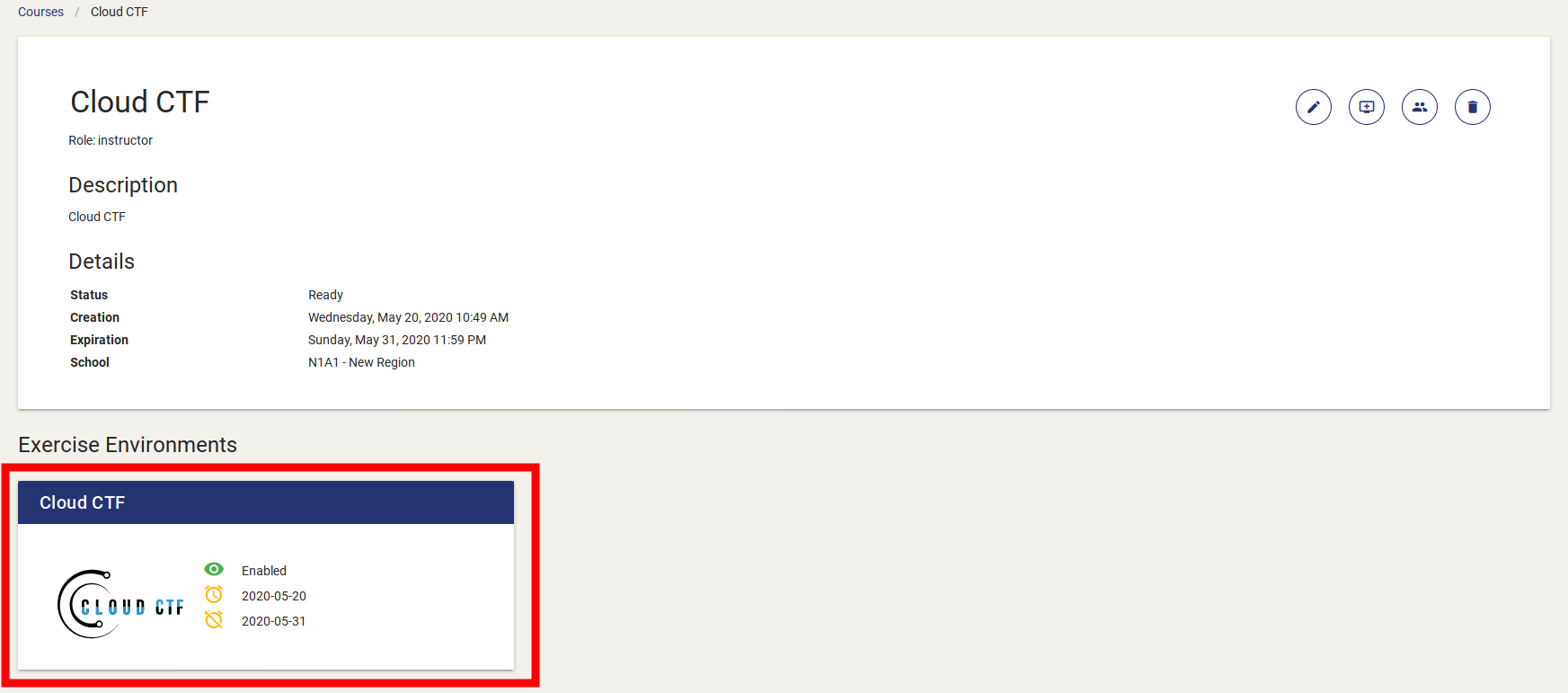 The added Cloud CTF exercise environment will be shown at the bottom of the course homepage, under the section Exercise Environments.