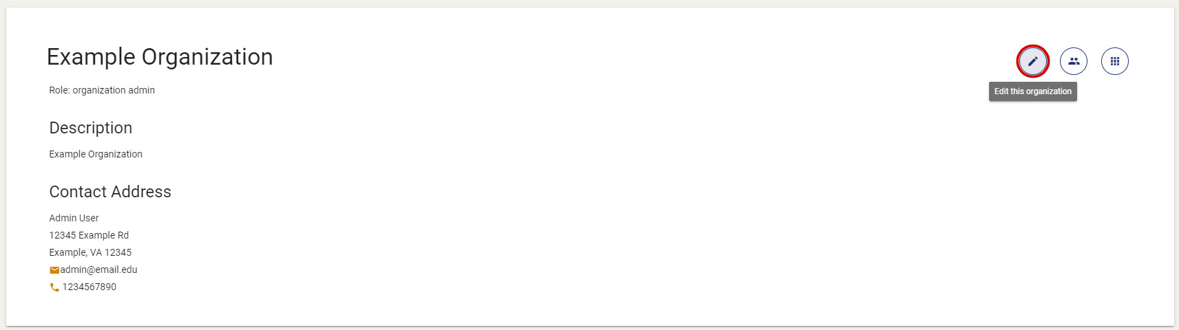 The Edit this organization button will appear directly to the left of the Manage admins and instructors button.