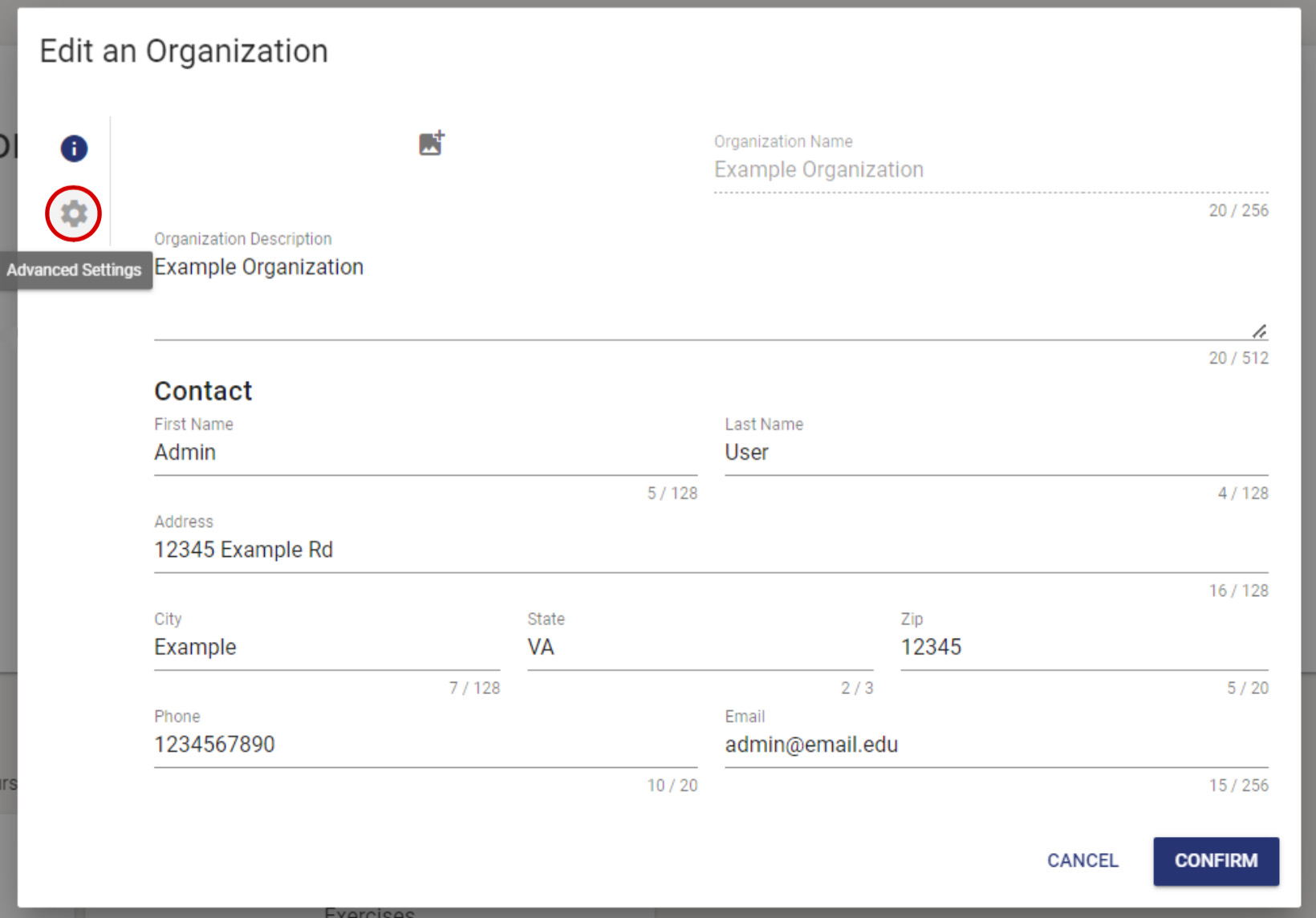 The Advanced Settings button is in the shape of a cog wheel located on the right side of the form.