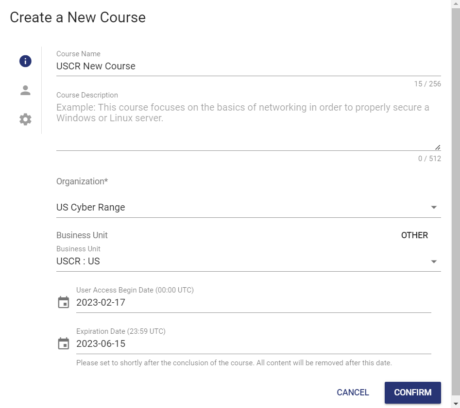 The fields on the form are, in order, Course Name, Course Description, How Course Relates to Cyber Security, Reserved Enrollments, Start Date, Expiration Date.