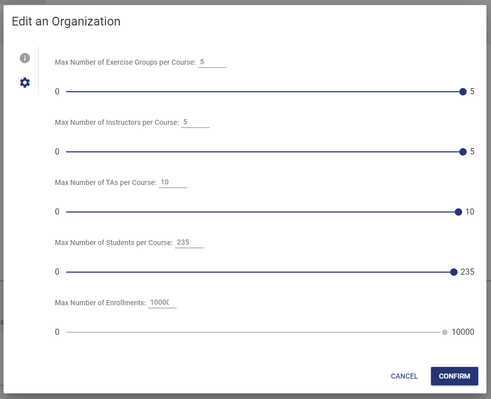 A form that displays sliders to adjust max number of exercise group per course, max number of instructors per course, max number of TAs per course, and max number of students per course.