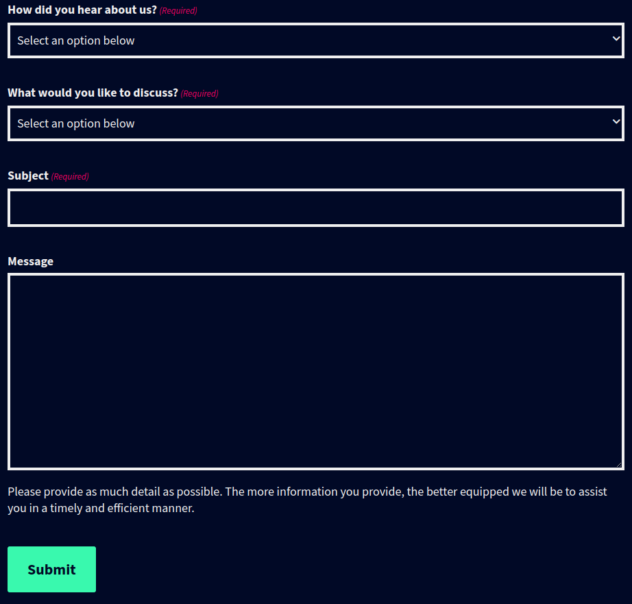 Form displaying fields for "How did you hear about us?", "What would you like to discuss?", "Subject", and "Message".