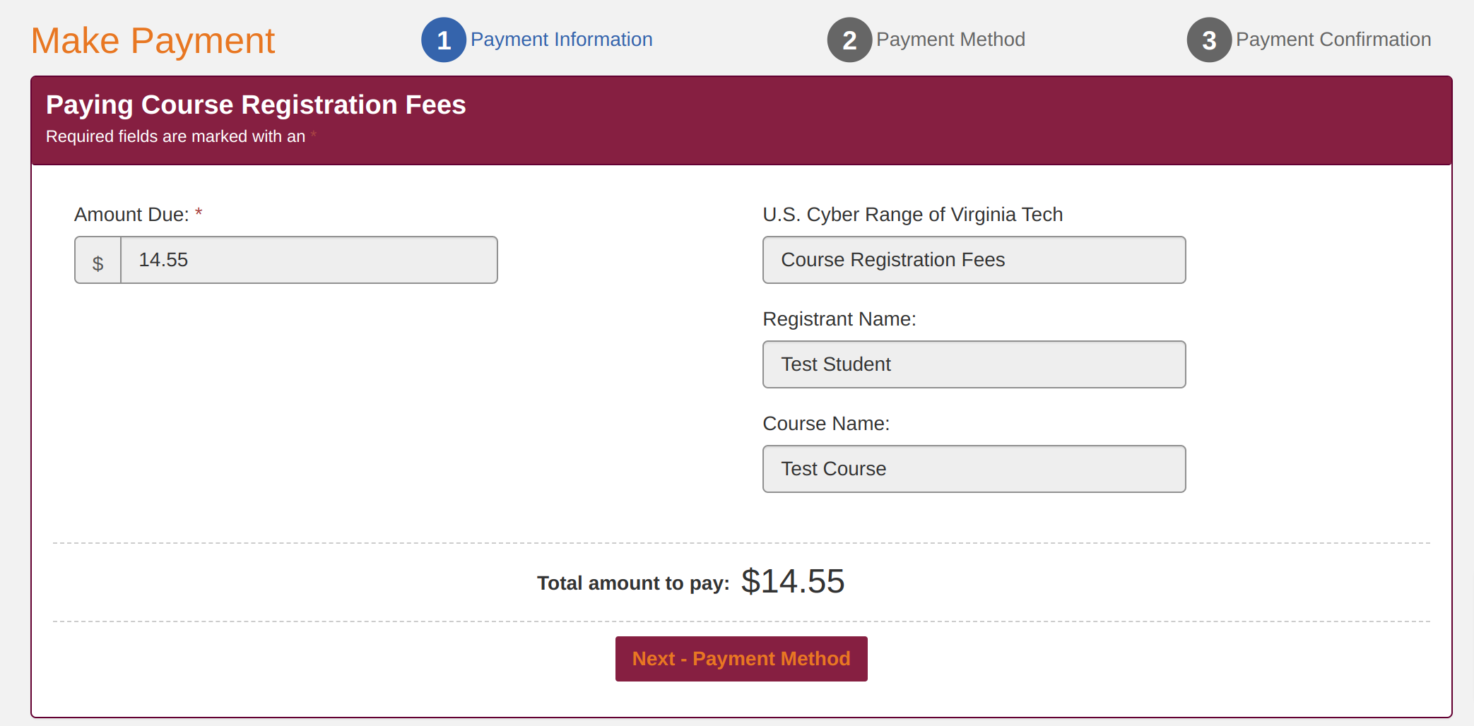 Next - Payment Method button is located below Total amount to pay