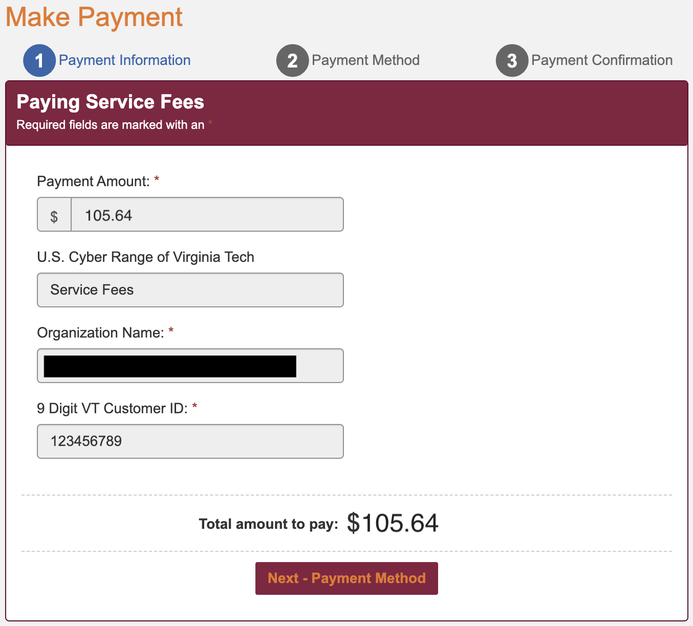 At the bottom of the "Make Payment" window, there is a "Next - Payment" located in the middle under "Total amount to pay:".