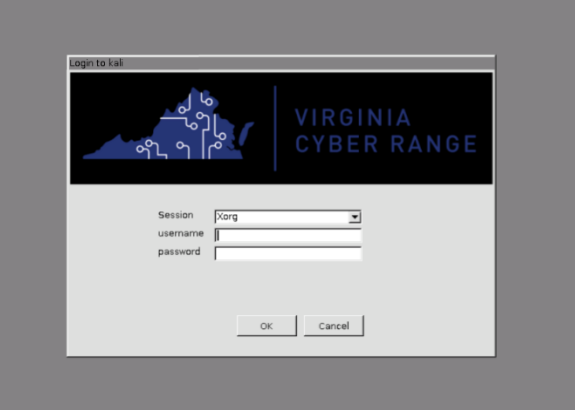 A pop-up to login to kali is displayed. There is a session field with the username and password field underneath it. At the bottom of the pop-up box are an OK and a Cancel button.