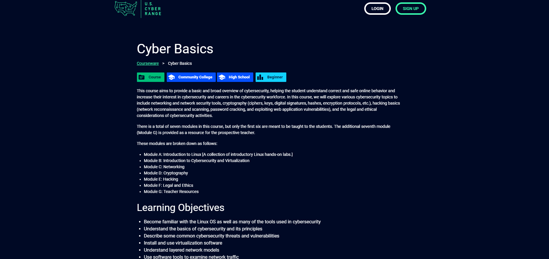 The Cyber Basics course page is shown listing its description, modules, and learning objectives.