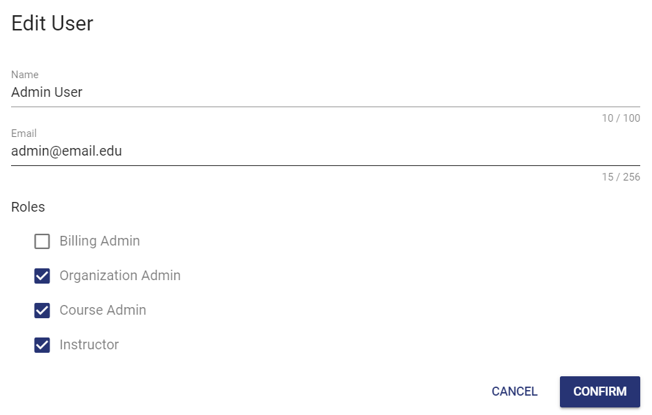 The roles section is located under the Email section. The roles include billing admin, organization admin, course admin, instructor, student, and TA.