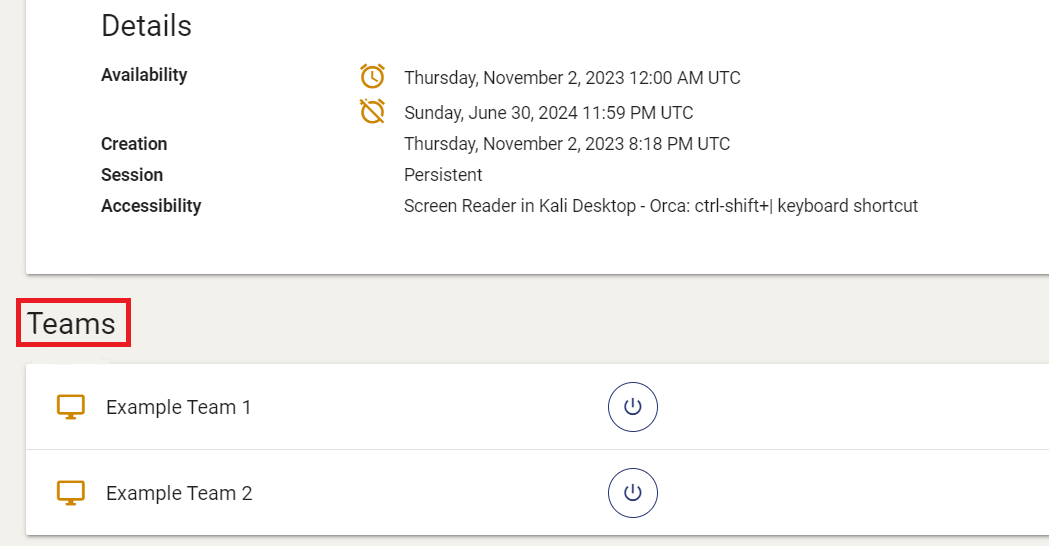 Displays the exercise environment page with each team and the associated VM controls for that team and environment